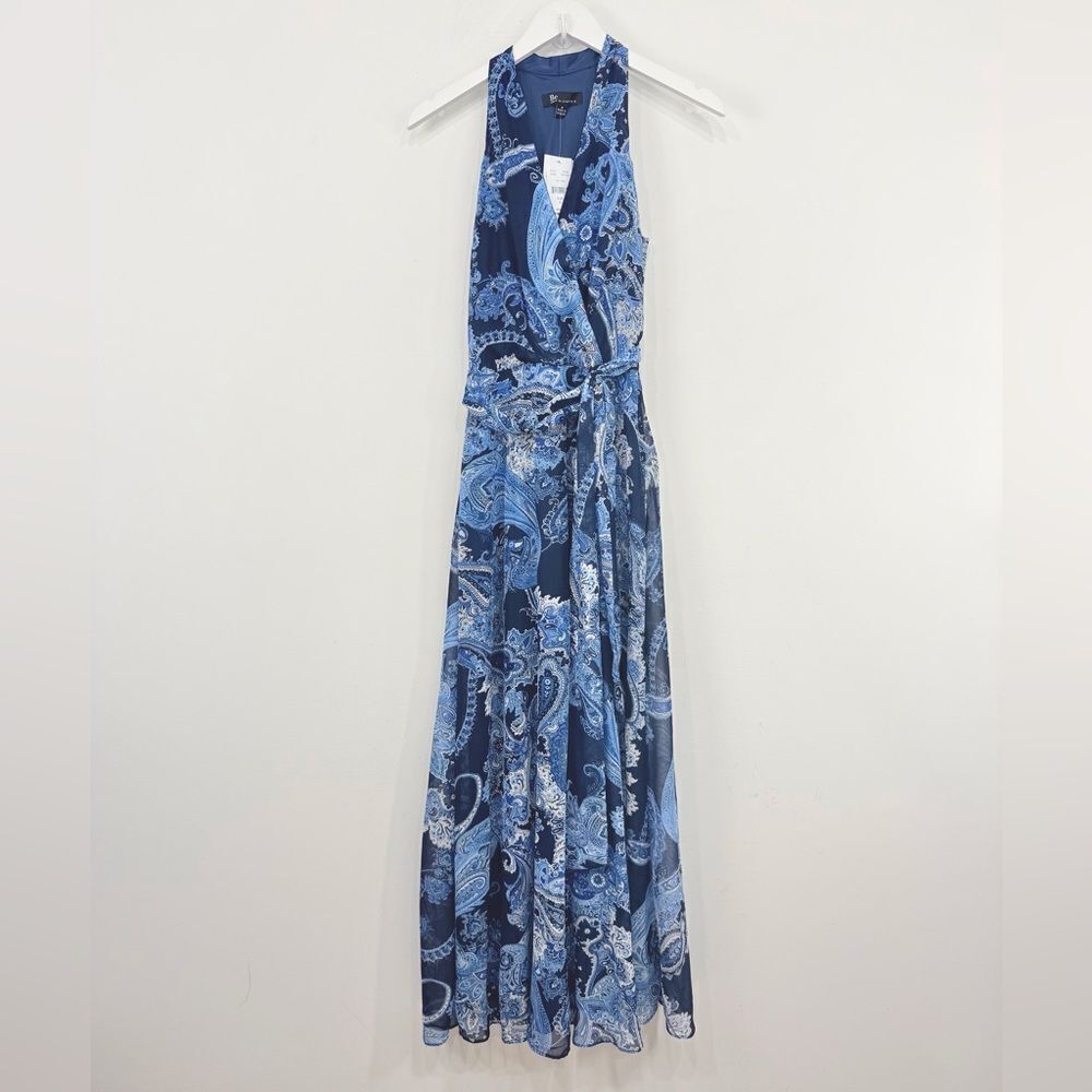 Chetta B Navy Blue White Paisley Print V Neck Sleeveless Maxi Dress NEW
